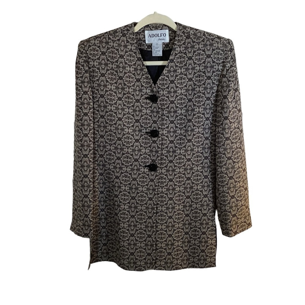 ADOLFO Atelier Women’s Black/Gray Print Vintage Lined Collarless Blazer.  Size 4